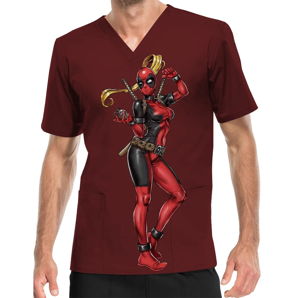 Manga curta masculina bolso superior com decote em v impressão esfrega topo primavera e verão deadpool impresso hospital enfermeira roupas de enfermagem