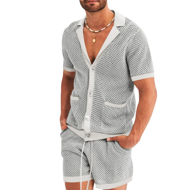 Summer New Men Cardigan Shorts Suits Hollow Out Knitted Casual Sports Lapel T-Shirt Short Sleeve Solid Beach Men\'s 2 Pieces Set