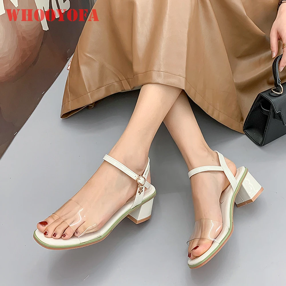 New Summer Black Yellow Women Sandals 2 Inch Med Square Heel Lady Tranparent Shoes Plus Big Small Size 31 43 45