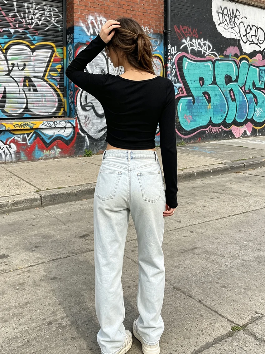 Trendy E-girl Ladies Ribbed Knit Long Sleeve T-Shirt Irregular Wrap V Neck Metal Stud Decor Slim Fit Short Daily Casual Crop Top