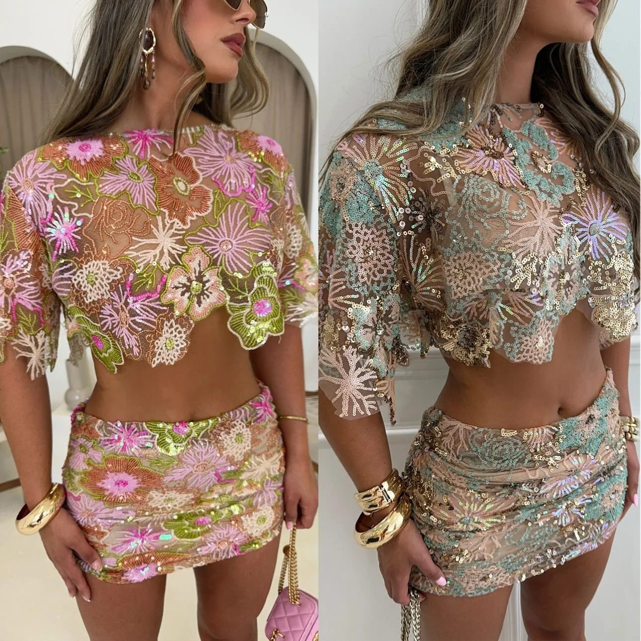 Spring Summer New Fashion Embroidered Bead Women Heavy Industry Party Skirt Set