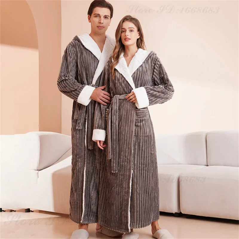 Thicken Warm Hooded Robe Home Dress Autumn Winter New Patchwork Flannel Couple Long Bathrobe Sleepwear Coral Fleece Lounge Wear