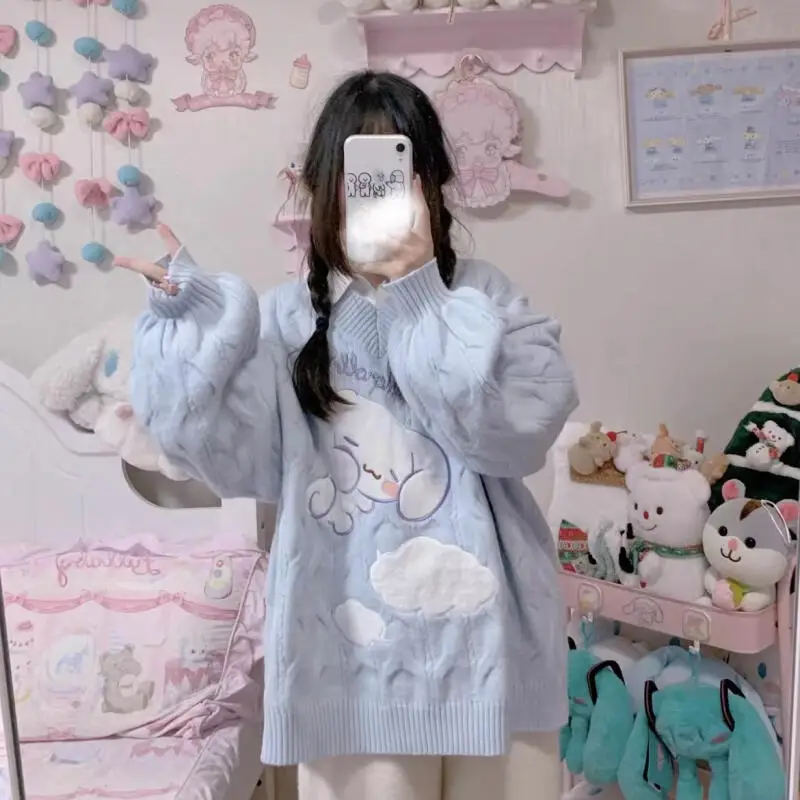 

Вязаный свитер Cinnamoroll с вышивкой в виде спиральных узоров, свободный, милый и мягкий, для девочек, весна-осень