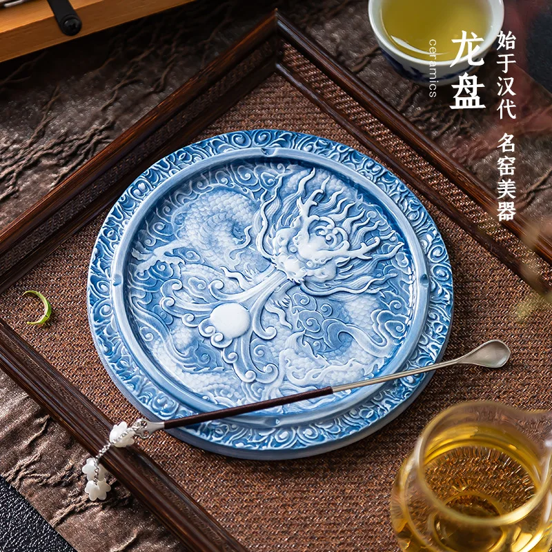 Blue and white ceramic plate, light luxury high-end relief, Chinese classical, Guochao merchandise ornament