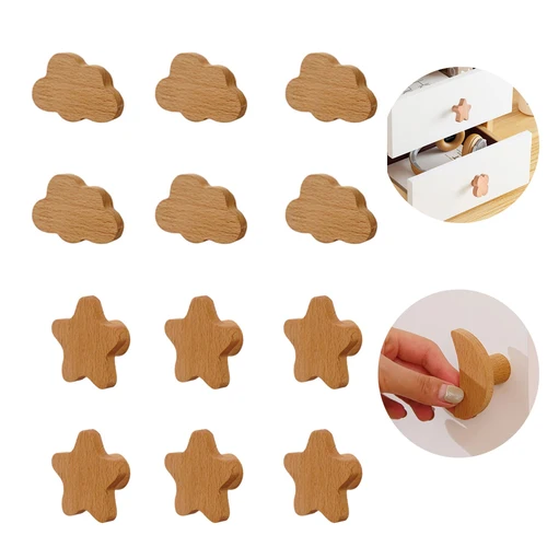 Imagen 1 del producto 6/12 Uds. Perillas de madera para cajón de nube, manijas para muebles con forma de nube/estrella, tiradores de madera para gabinete de niños con estrellas de nube, perillas con tornillos