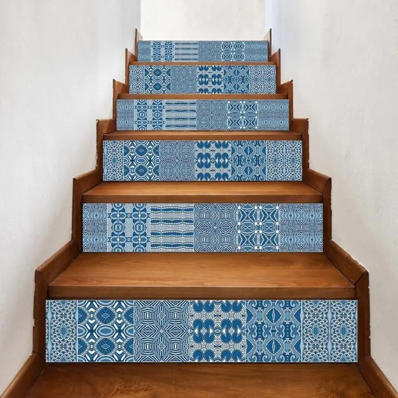 QX2E 6Pcs Morocco Tile Floor Stair Stickers Bathroom Kitchen Decoration Wall Sticker