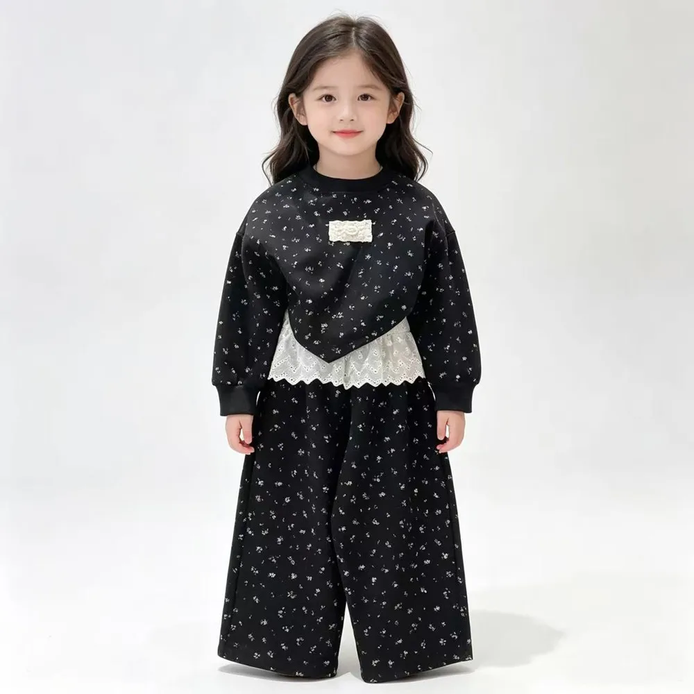 Lace Floral 2PCS Family Matching Suit Girls Skin-touch Base Top & Lantern Trousers Autumn Wear For Older Kids