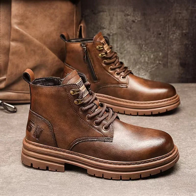 High Top Boots for Men Fashion Leather Casual Men's Shoes Outdoor Motorcycle Retro Style Boots Lace Up Cowboy Boots Botas Hombre