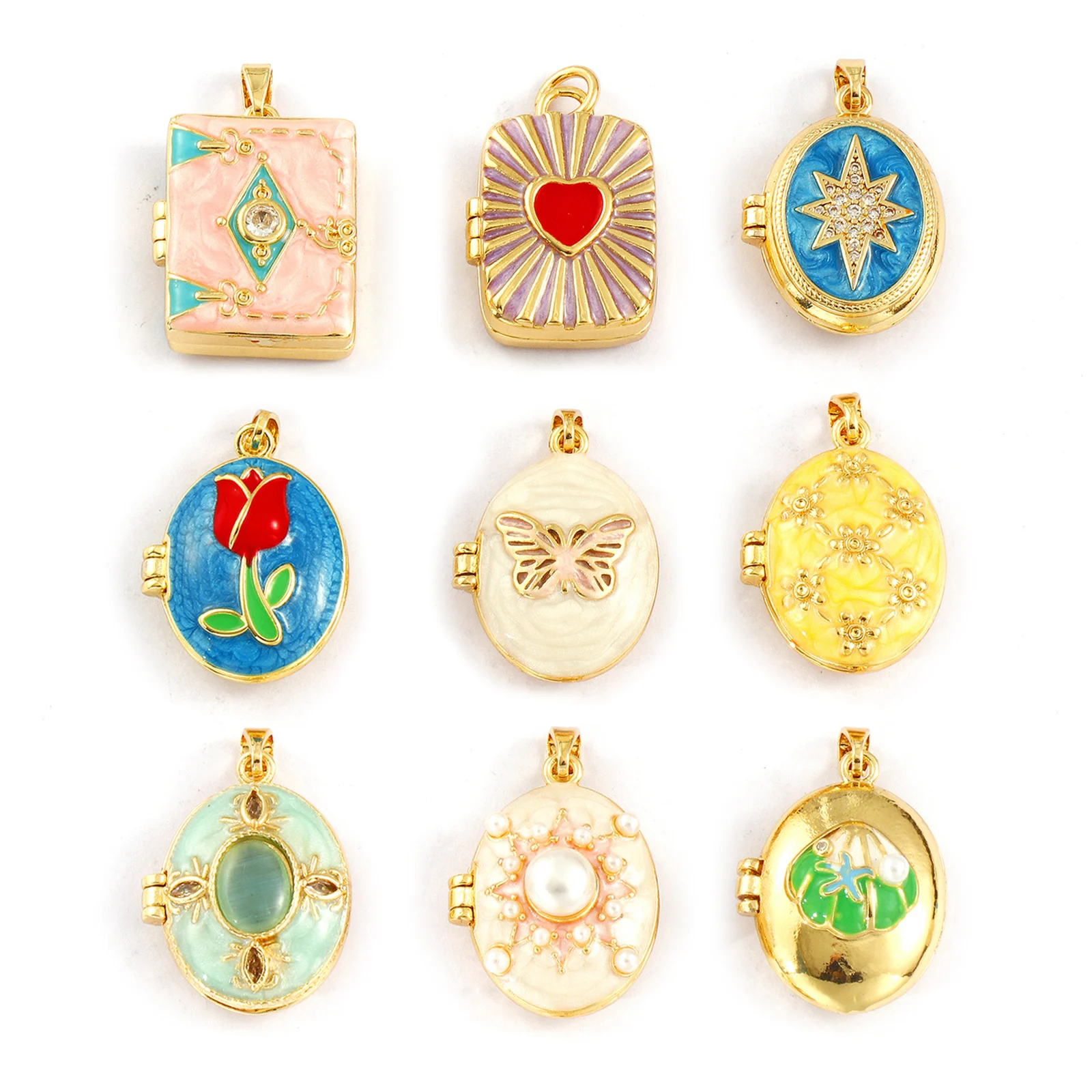 2PCs New Arrivals Brass Rose Flower Enamel Picture Photo Locket Frame Pendants 18K Gold Plated Enamel Can Open Love Pendant DIY