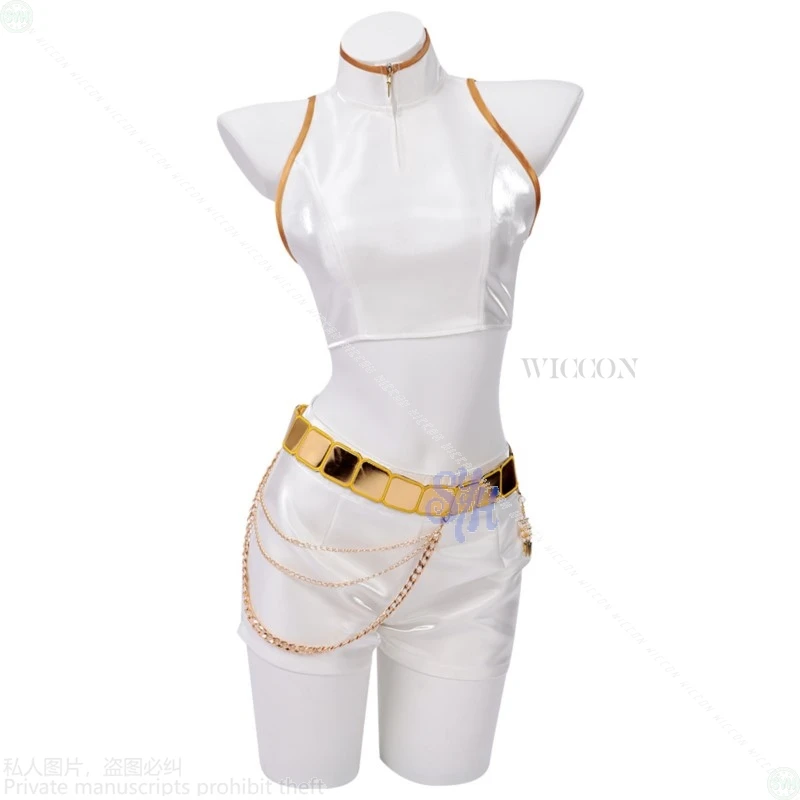 أنيمي Kpop شيطان تأثيري رومي الذهبي المرحلة المعبود كوريا موحدة الأبيض فستان قصير بلا أكمام أعلى الباروكات هالوين حفلة عيد الميلاد كوس