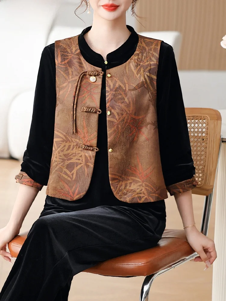 

New Chinese Sle Autumn Outfit Set Velvet Top And Vest Tee-Piece Set for Middle-Aged And ly Women Faionable Loose Fit