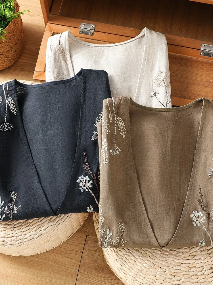 Retro Heavy Embroidery Linen Vest Jacket Women's Summer Thin V-neck Sleeveless Shoulder Pad Vest Top City Commute Cool Sensation