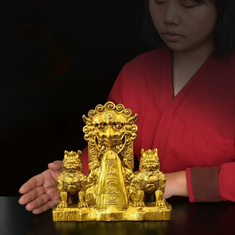 Feng Shui Taishan Stone Statue Brass Ornament with Lion Head Double Kirin for Home
