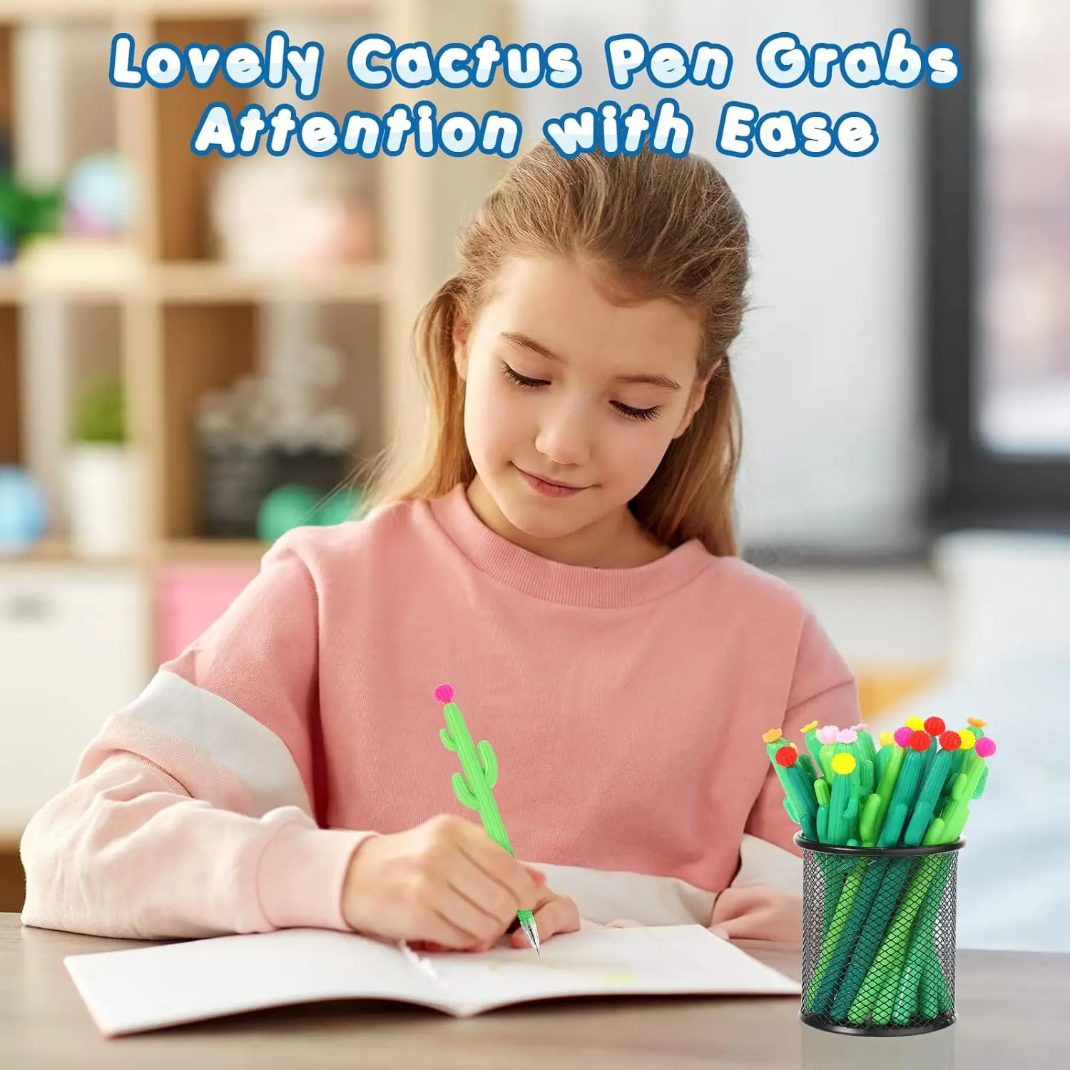 24 Pcs Cactus Pens Cactus Shape Rollerball Ballpoint Pens Cute Writing with Flowers Writing for School Home Office Supplies