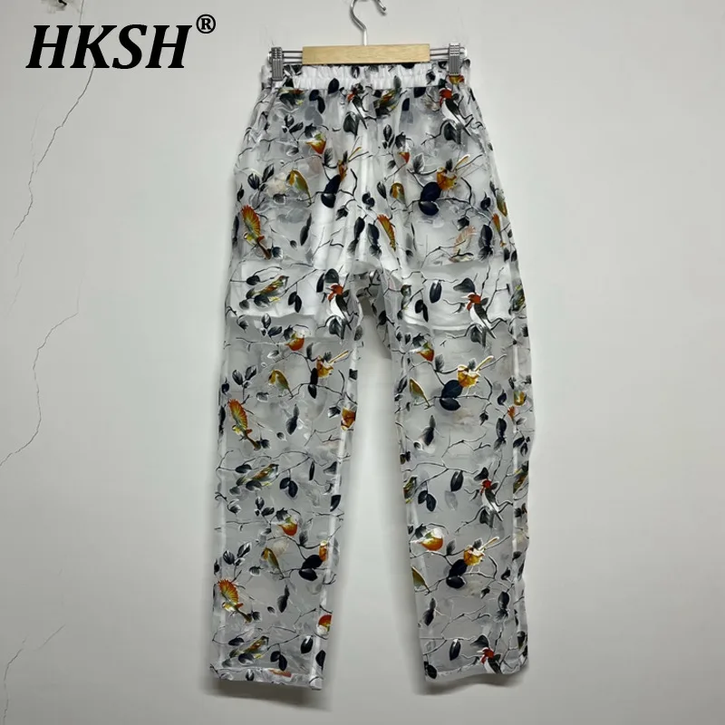 

HKSH Bird Print Perspective Organza Personalize Men's Sunproof Loose Fitting Design Versatile Trend Casual Pants Mesh New HK1035