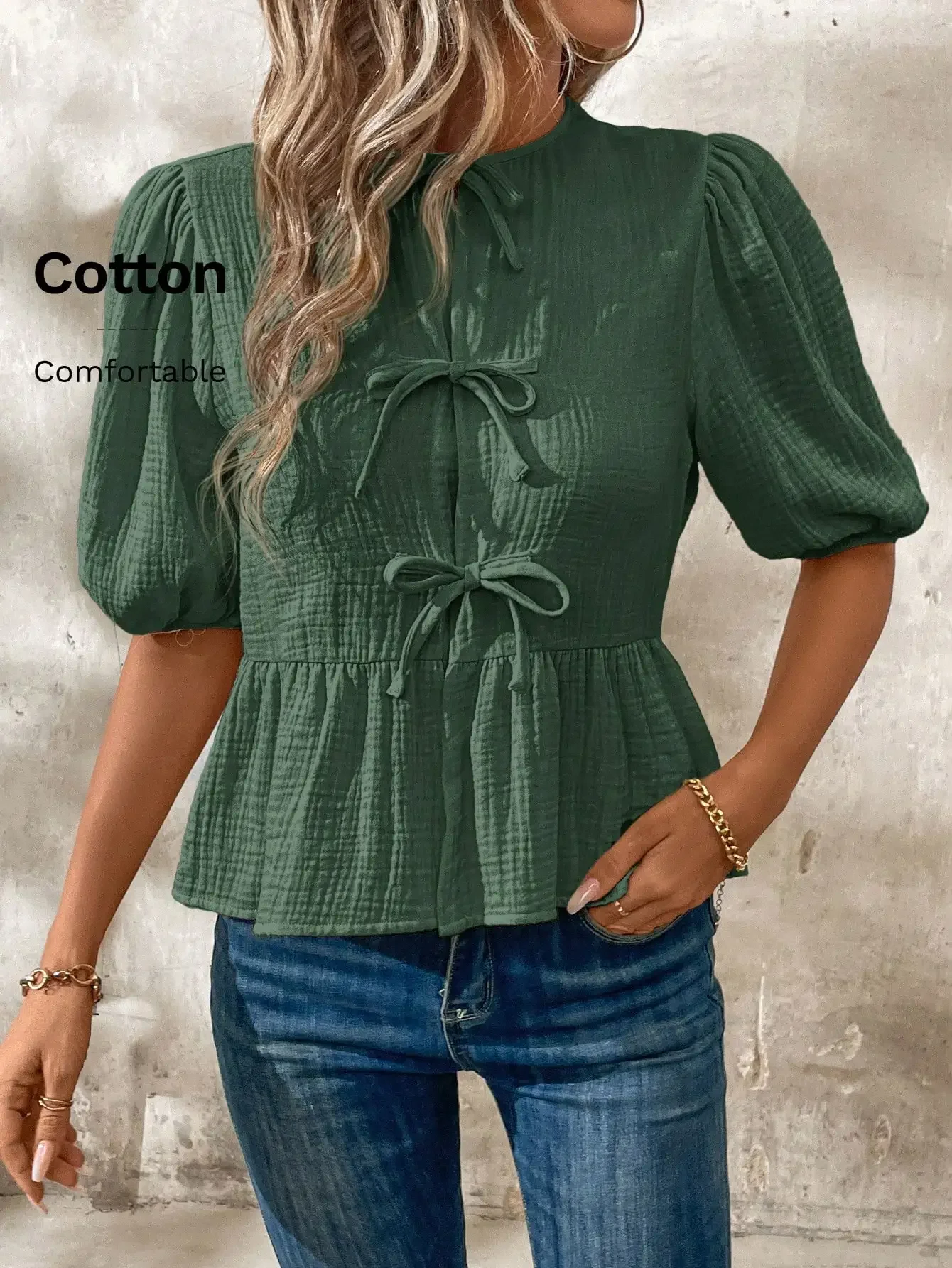

Women's Green Cotton Bow Tie Front Peplum Top with Puff Sleeves