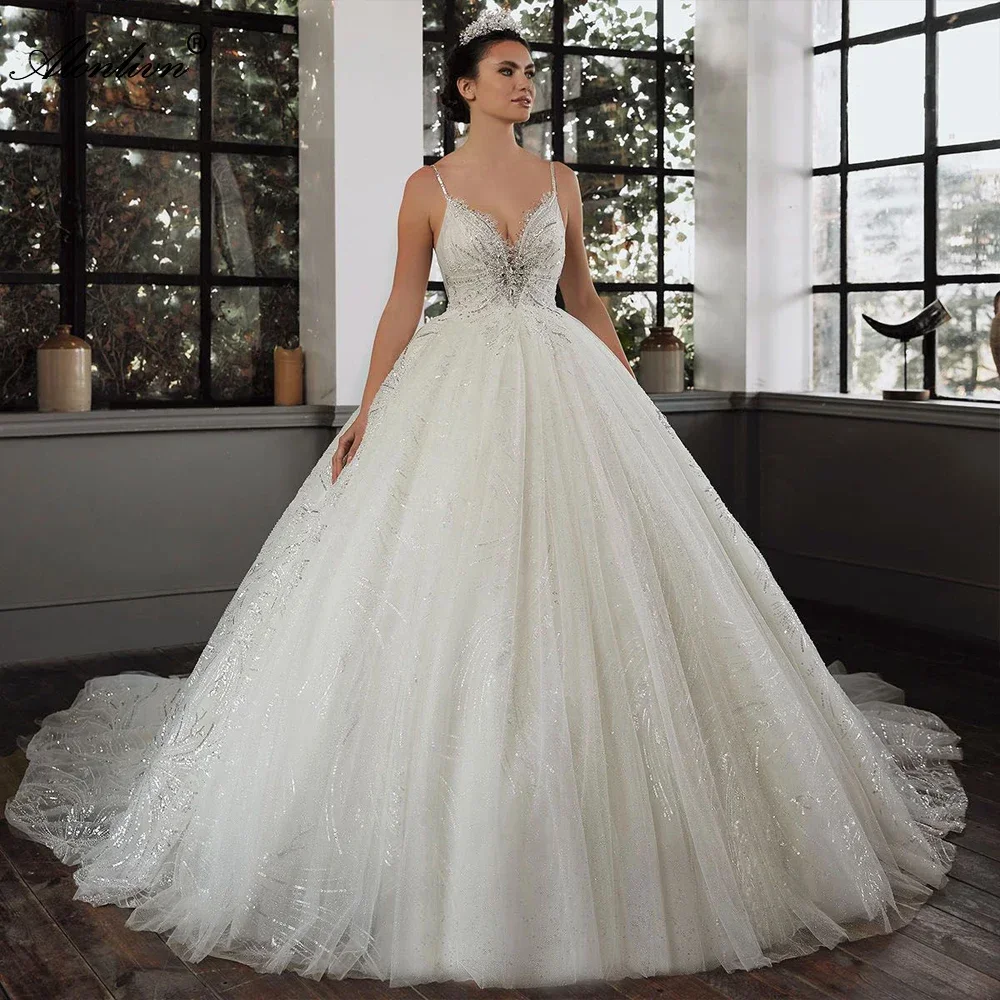 Customized Luxury Sparkle Beading Crystals Lace Ball Gown Wedding Dresses Spaghetti Straps Sweetheart vestidos de novia