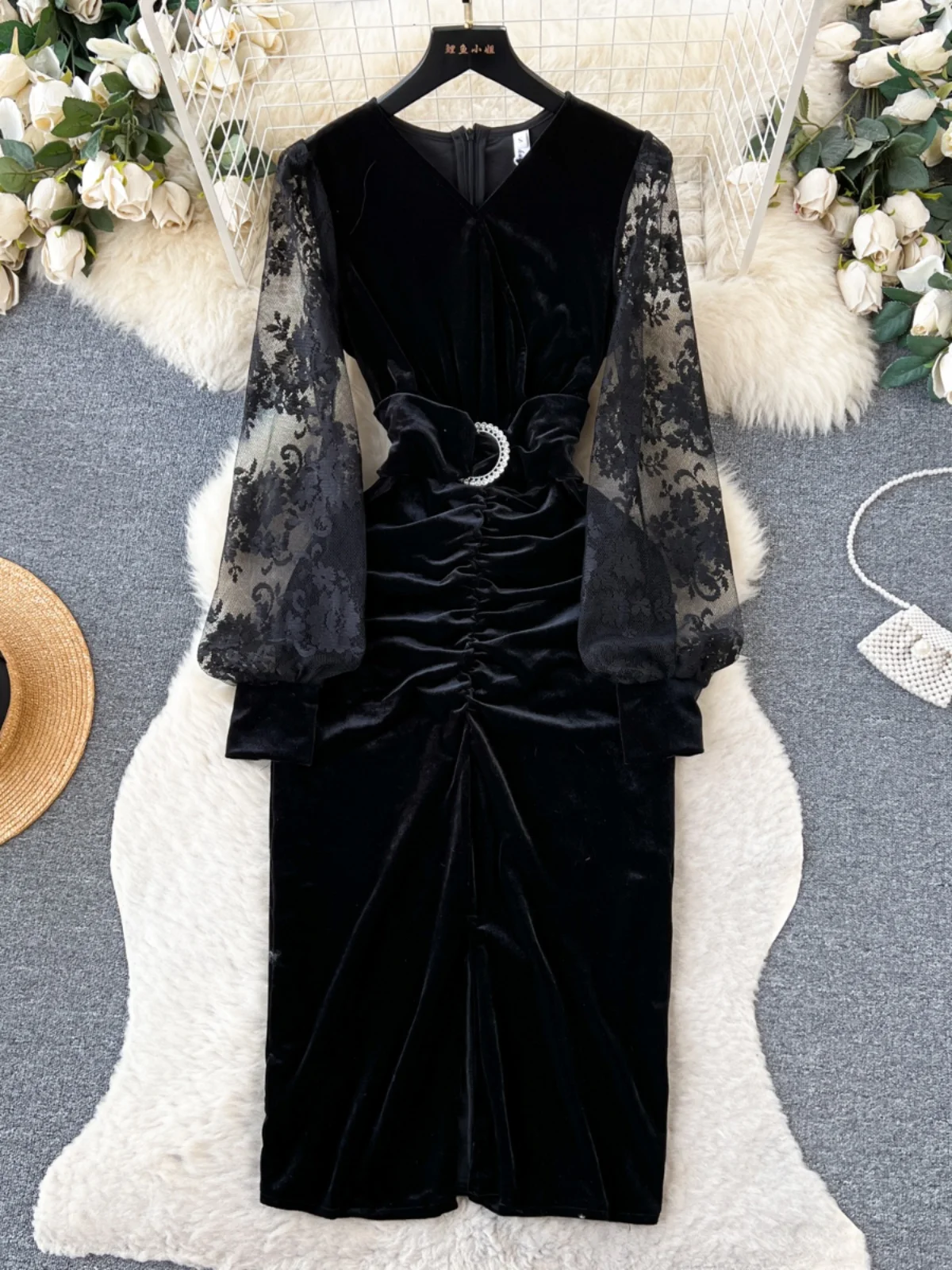 

Foamlina Women's Autumn Winter New Chic Evening Party Dresses Female Mesh Stitching Waist Close Velvet Long Evening Dress