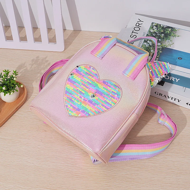 Borsa a tracolla portatile con zaino a forma di cuore di pesca con paillettes arcobaleno di nuova moda personalizzata