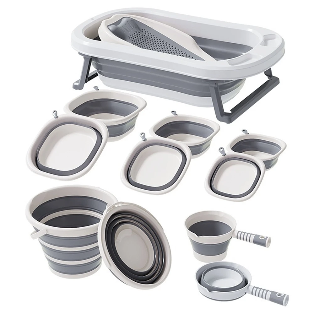 

4/7-Piece Foldable Baby Bath Tub Set with Thermometer, Infant Bath Basin with Support Seat & Bowls