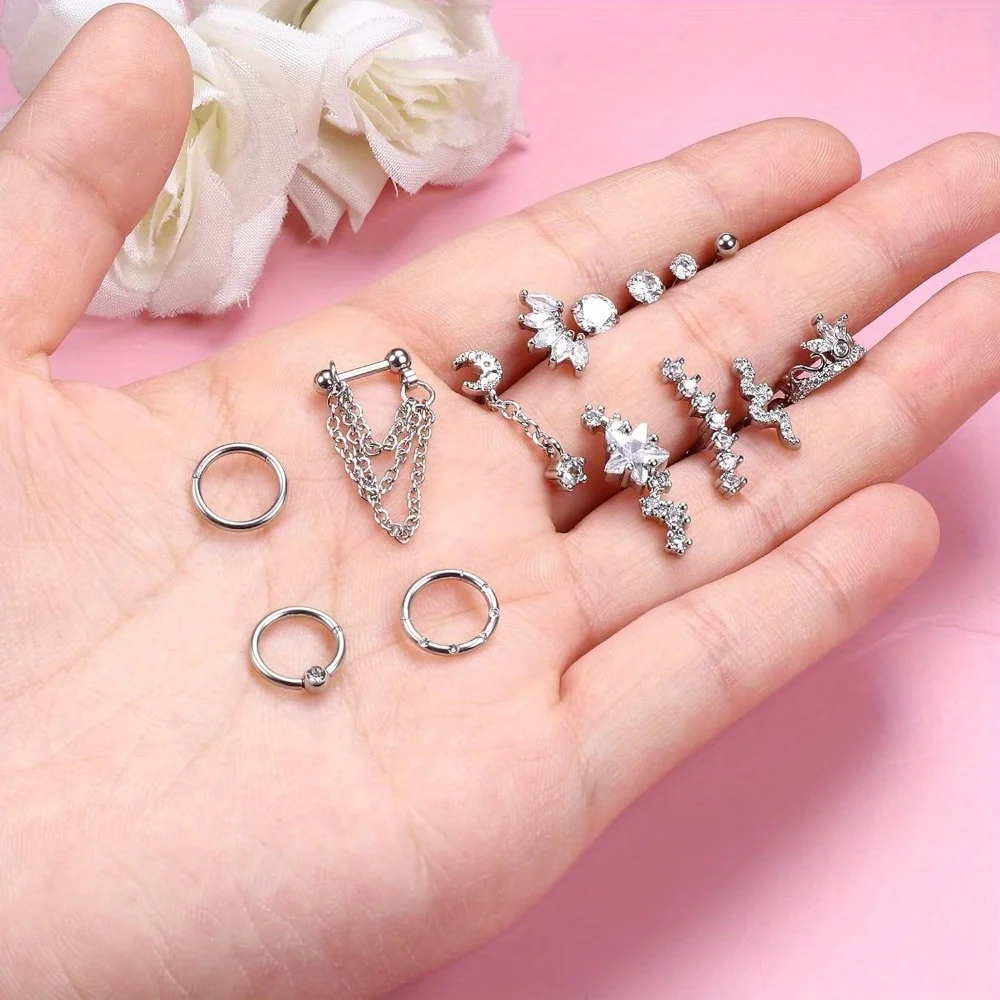 BESTEEL 1Pc Stainless Steel Stud Earrings Star Moon Snake 16G Cartilage Earrings Hypollergenic Screw Back Helix Piercing Jewelry