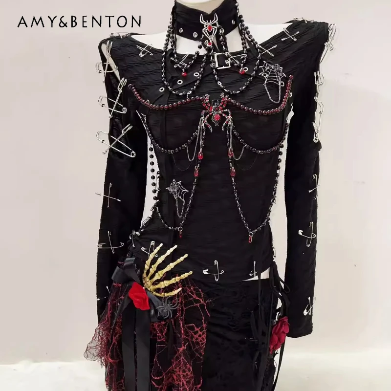 

Gothic Subculture Dark Hot Girl Beaded Chain Women's Long Sleeve Top Spring Summer Lace Sexy Sweet Cool Short Skirt Set Ladies
