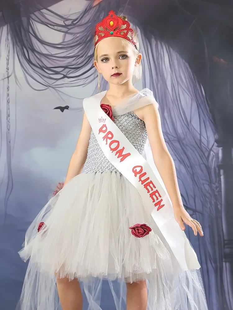 子供のためのゾンビのハロウィーンの衣装,女の子のためのふわふわの糸のドレス,幽霊の花嫁,ステージパフォーマンス