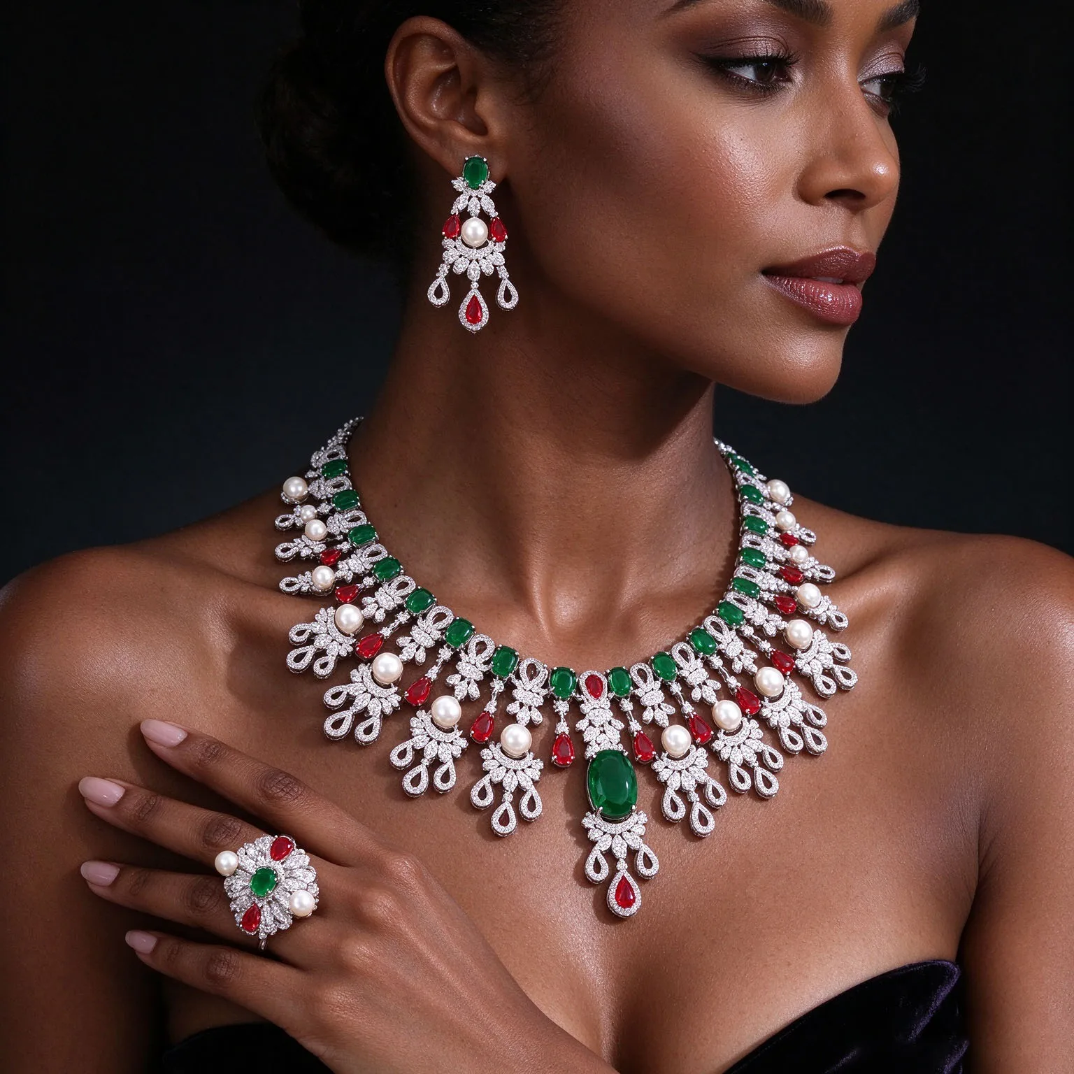 HIBRIDE New Premium Exquisite Red Set Pearl Necklace and Earrings and Bracelet Suitable for Wedding Brides Birthday Gift S-1333