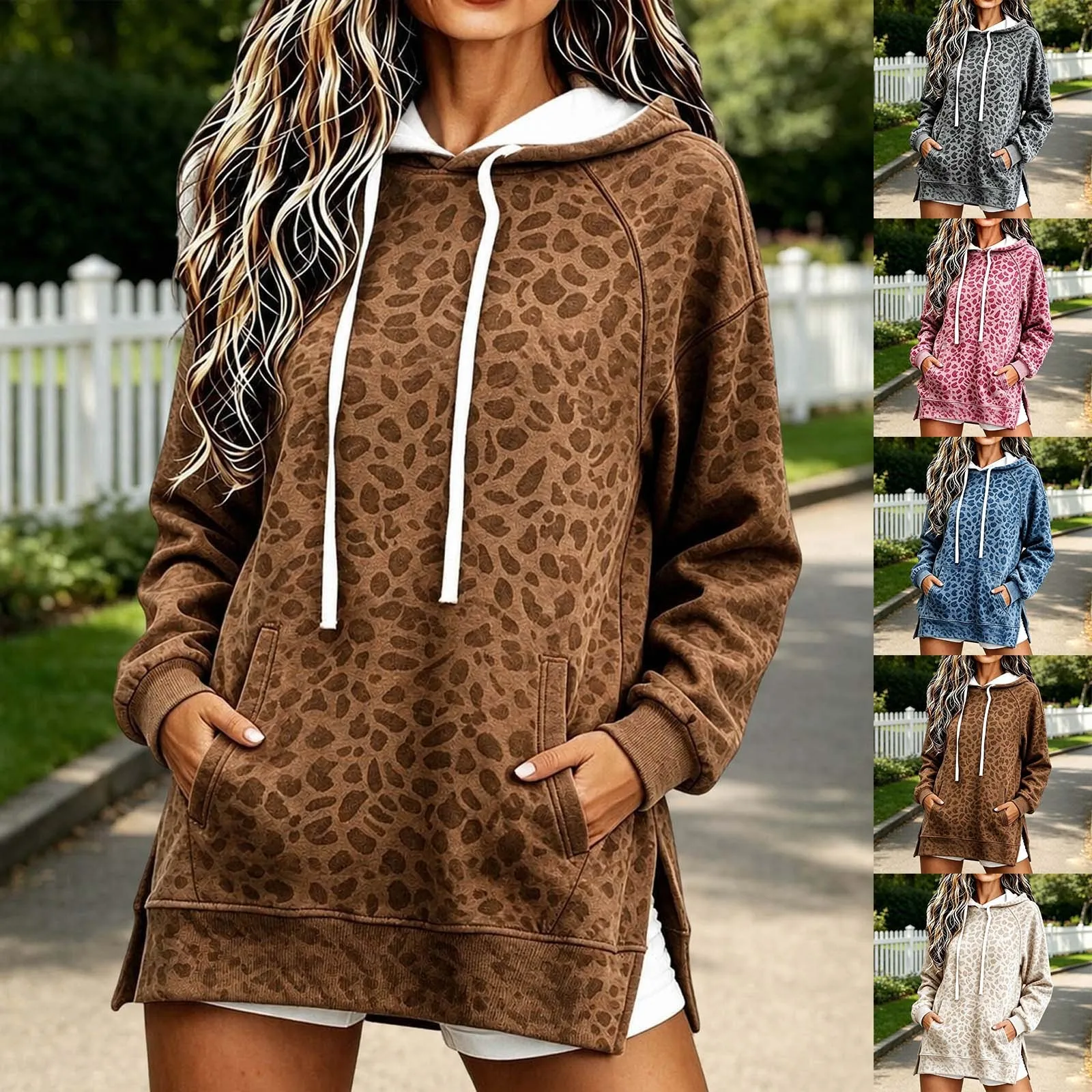 Leopard Printed Hoodies Women Side Slit Drawstring Hooded Pullover With Pockets Streetwear Loose Casual Oversize Sweatshirts