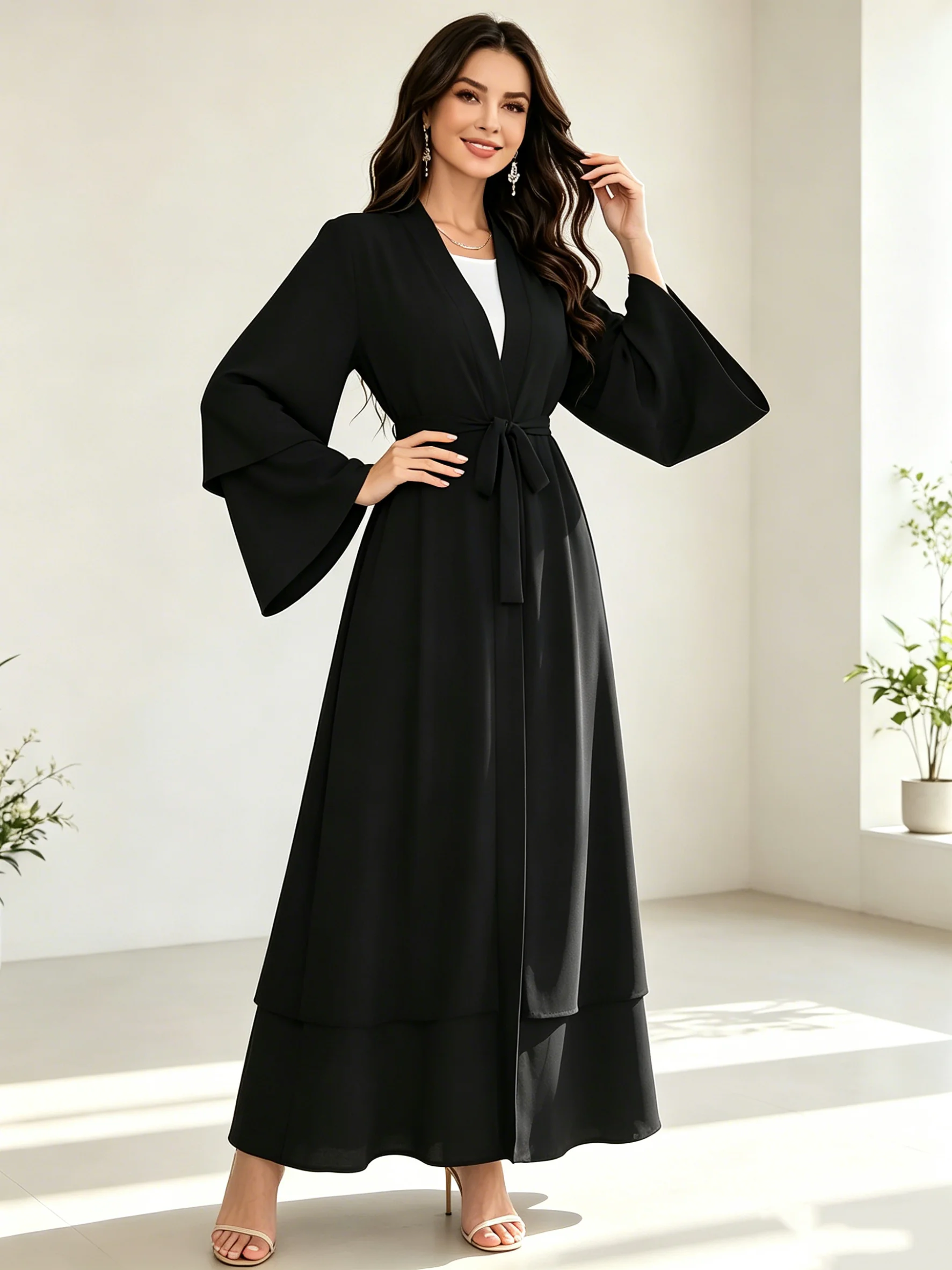 Women's Casual Elegant Comfortable Simple V-neck Lace-Up Long-Sleeved Open Dress Muslim Long Skirt