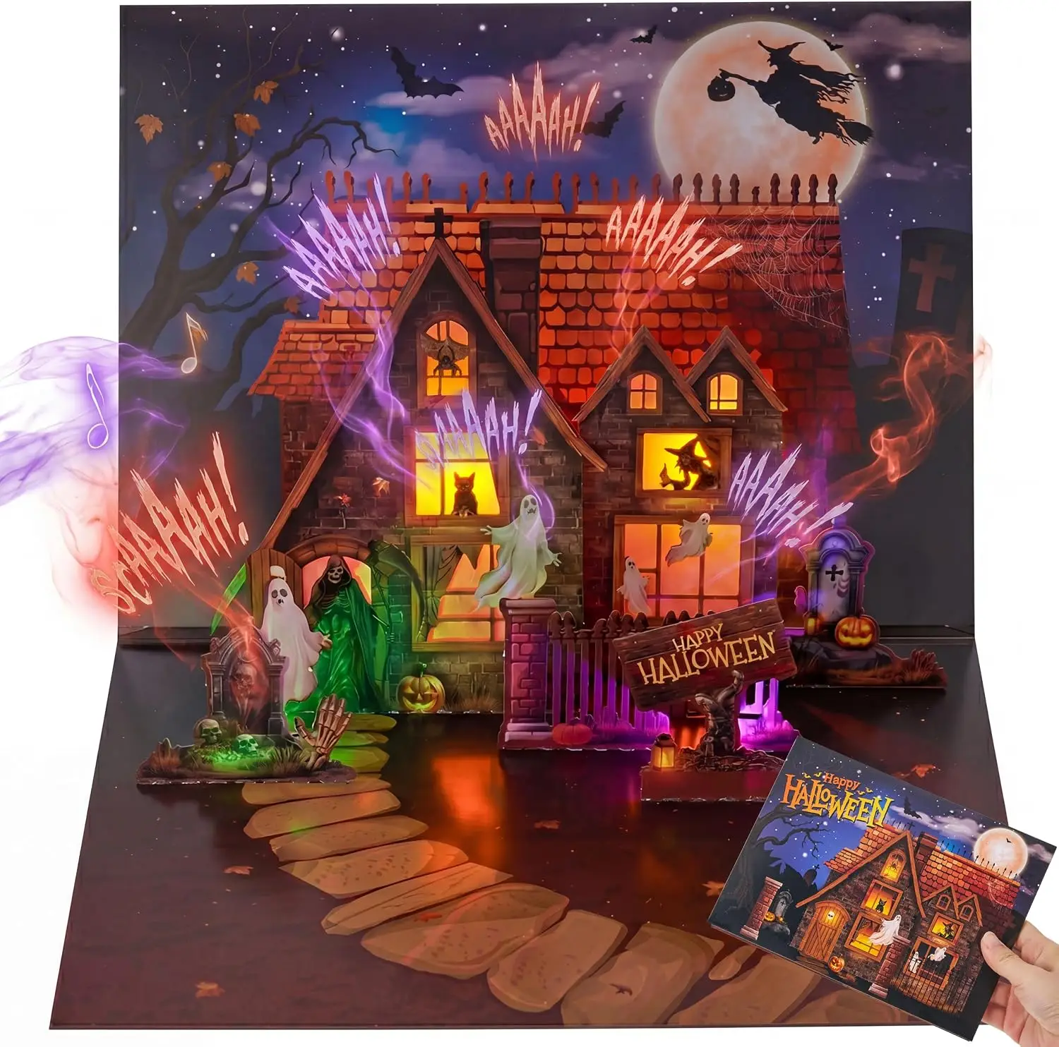 Halloween Pop Up Card With Scary Sound and Light 3D Gift Card with Envelopes Spooky Horror Greeting Cards for Party Favor Supplies Decorations, Classroom Pranks, Trick or Treating Gift Giving