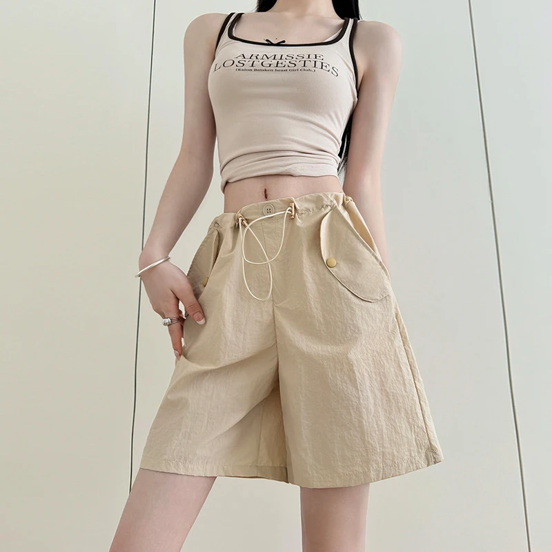 

Женские повседневные широкие шорты-карго с высокой талией, стильные быстросохнущие спортивные шорты с карманами на пуговицах, американские шикарные короткие брюки на шнурке