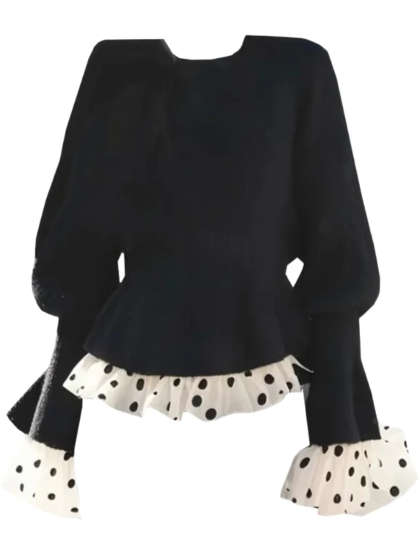 plus Size Black Polka Dot Knitwear Top Waist Cinched Slimming Splice Design Commute Style Korean Version Ladies Sweater