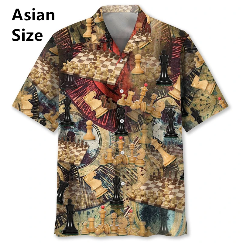 Vintage Chess Pattern Chemises Hommes 3D Printed Short Sleeve Lapel Hawaiian Shirts Summer Button Blouses Tops Men's Clothing