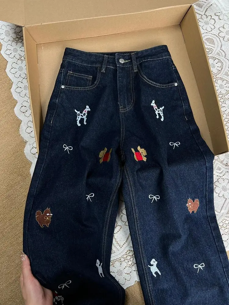 Cartoon Dog Bow Embroidered High Waisted Straight Leg Jeans Spring Niche Age Reduction All Match Denim Pants Women Y2k Pants