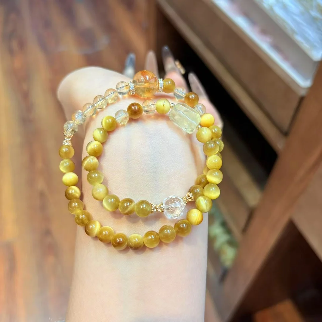 

Natural, Citrine, Golden Tiger Eye Bracelet, Women's Light Luxury Fashion Double Ring Bracelet.