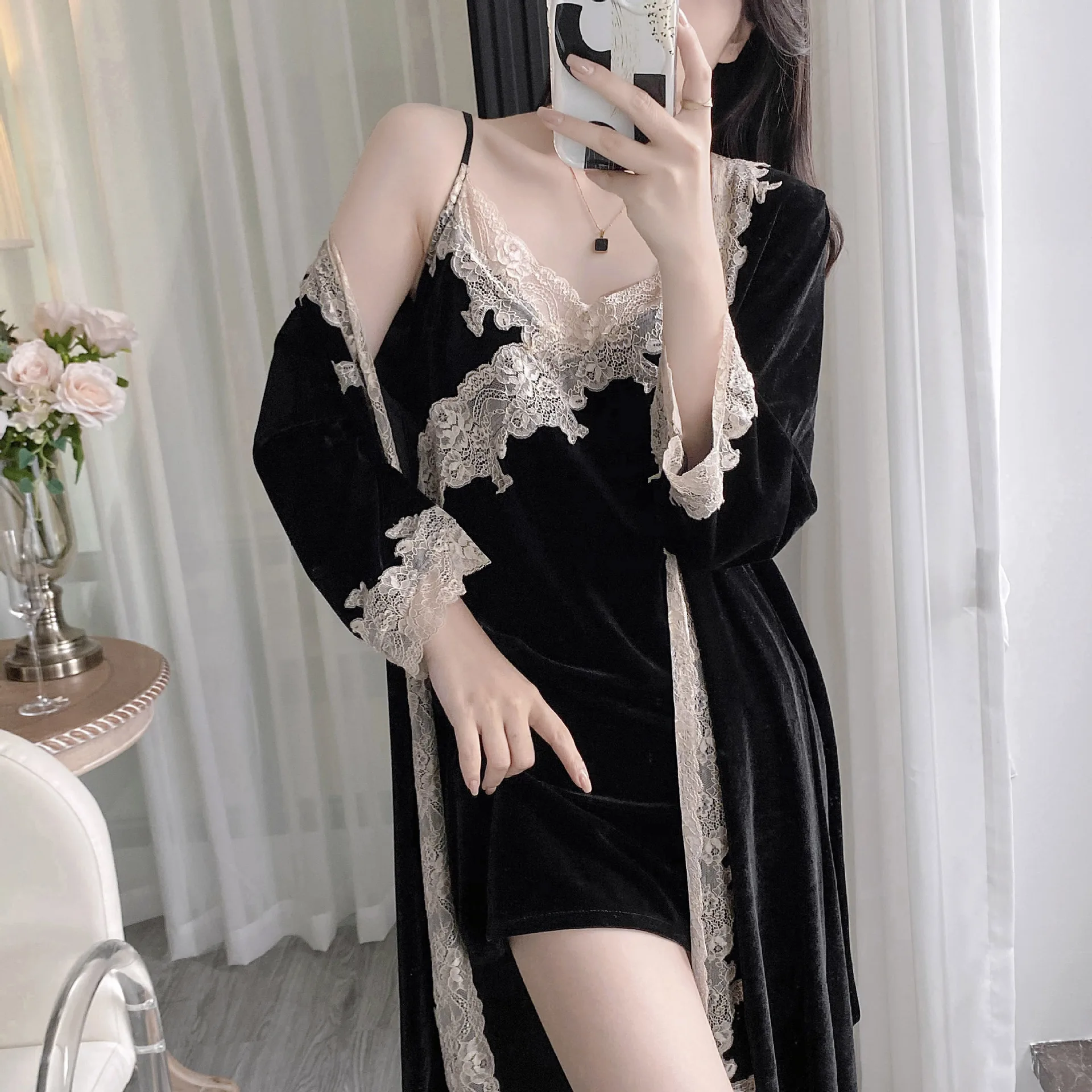 Velour Lace Robe Suit Spring Kimono Sleepwear Nightgown Homewear Women Velvet Nightdress Bathrobe Gown Sleep Set Loungewear