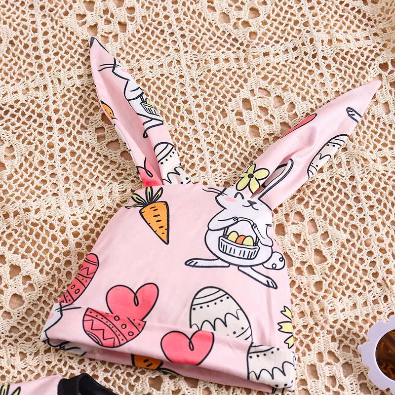 

Newborn Baby Girl Easter Outfit Bunny Print Short sleeve Romper Bodysuit Jumpsuit Bunny Ears Hat Cap 0-18M