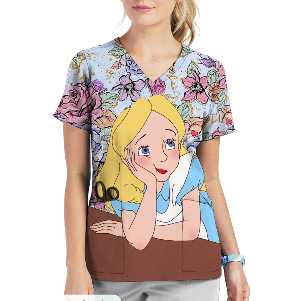 Pocket Disney Princess Women's V Neck Nurse Uniform T-Shirt Youthful Woman Clothes Summer Short Sleeve Y2k New Dress Kawaii 2024