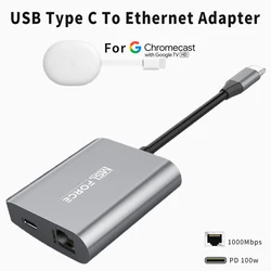 USB C Gigabit Ethernet Adapter with Charging Thunderbolt 3 to RJ45 with Type-C PD 100W dex dock for Chromecast Google TV