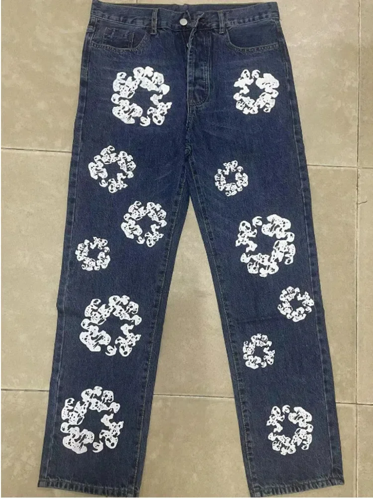 American Trendy Kapok Printed Washed Jeans 2024 New Fashion Unisex Loose Casual Straight Leg Pants Shorts Y2k HipHop Streetwear