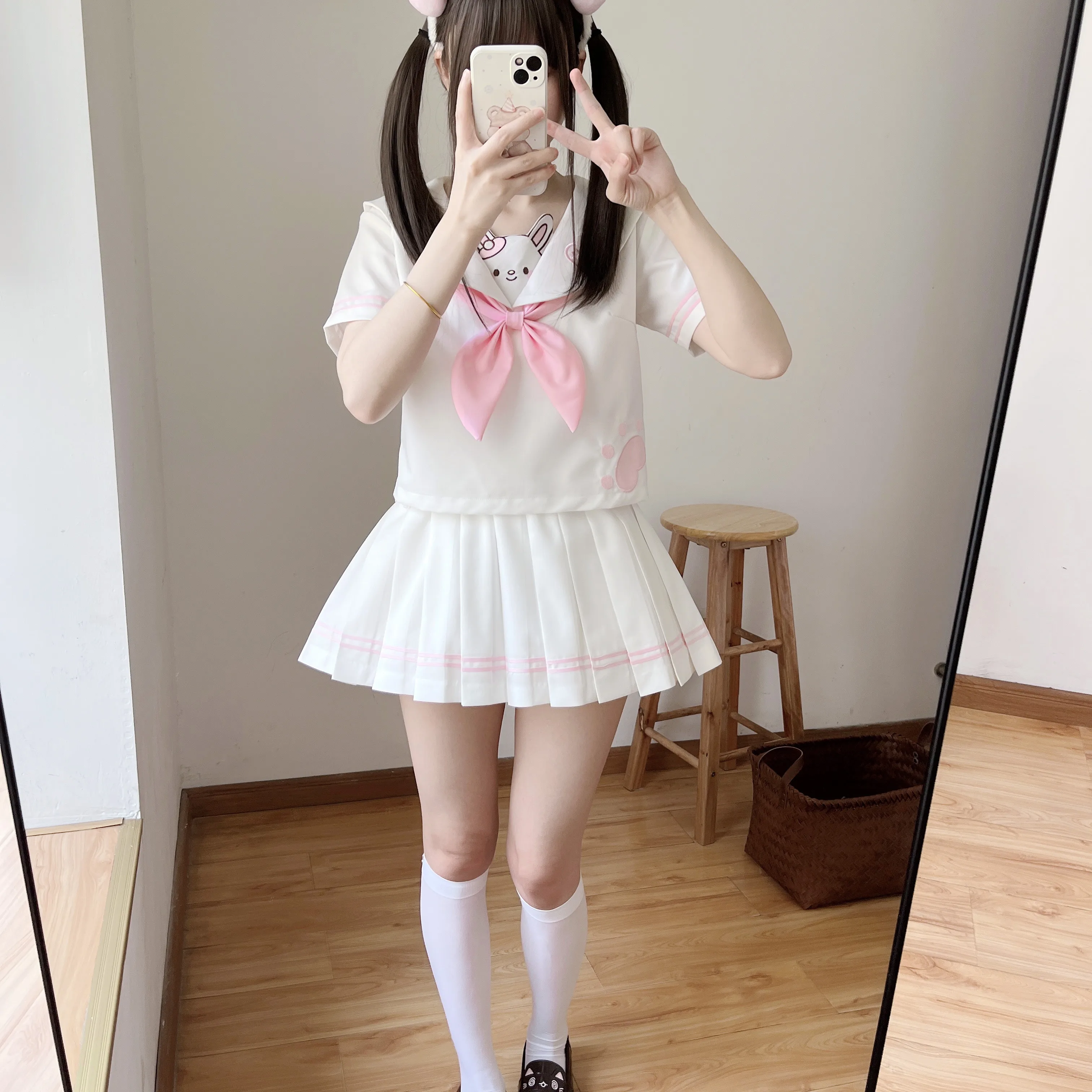 Original Japanese Kawaii Girls Skirt Set 2025 Summer New Y2k Daughter's JK Sailor Uniform Embroidered Navy Collar Top Skirt Set