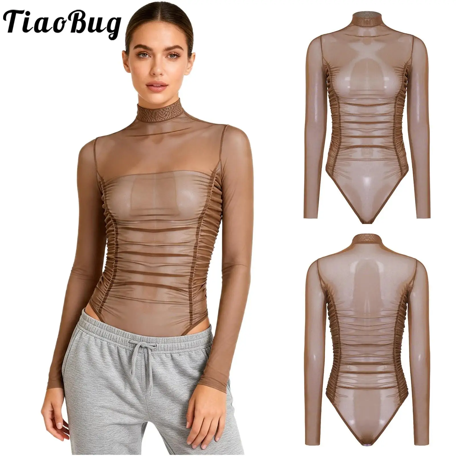 

Women Sheer Mesh Side Elastic Ruched Bodysuit Long Sleeve Buttoned Crotch Leotard See Through Jumpsuit for Beach Party Nightclub