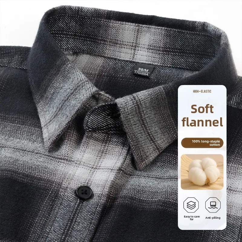 

50S 2025 New In Autumn and Winter Pure Thick Cotton Flannel Polished Plaid Shirt With Pocket Men's Casual Long-sleeved Shirt