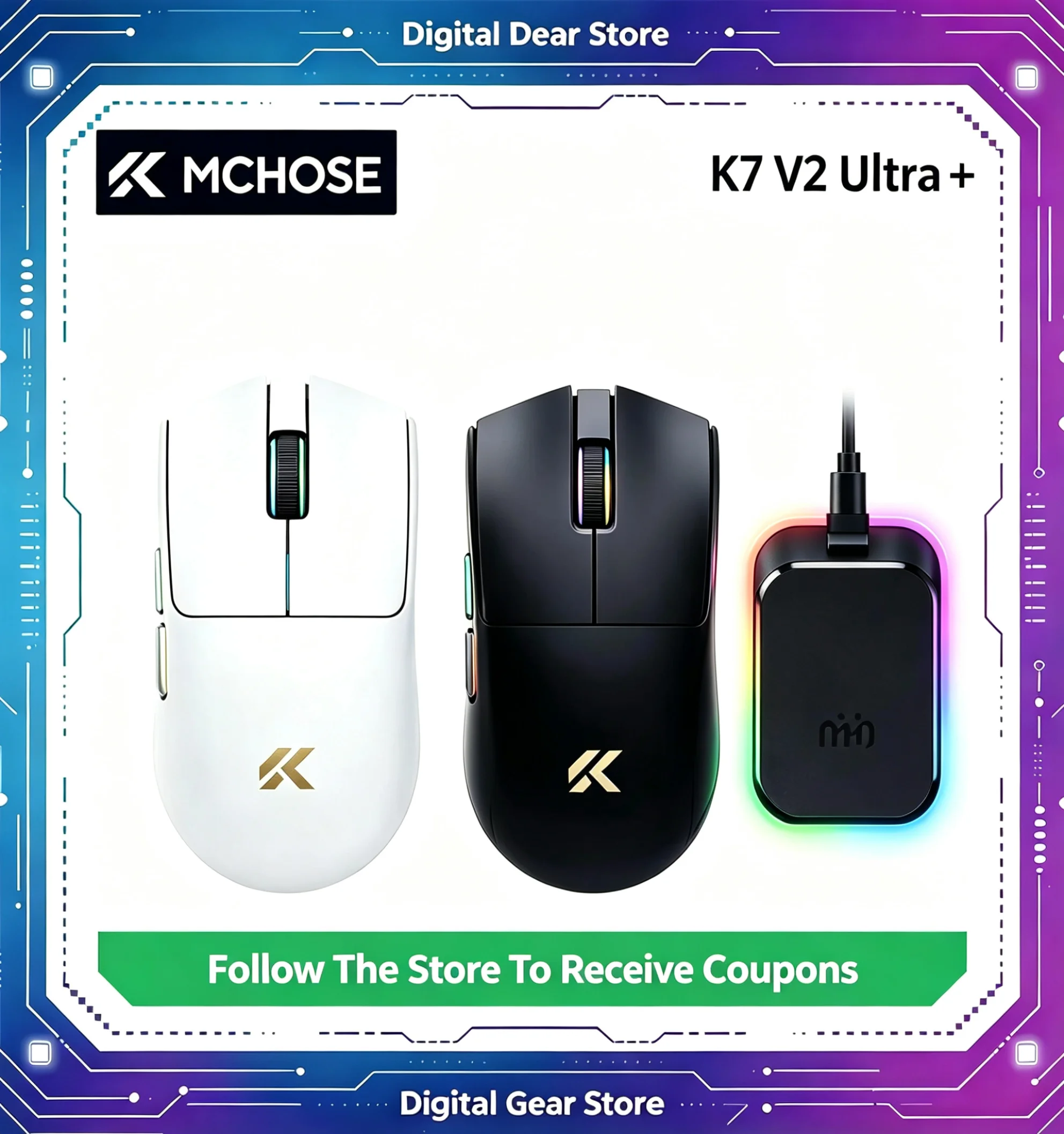 MCHOSE K7 V2 Ultra+ Tri Mode Wireless Gaming Mouse PAW3955 Sensor Dual 8K Polling Rate Lightweight Magnetic Charging Dock RGB