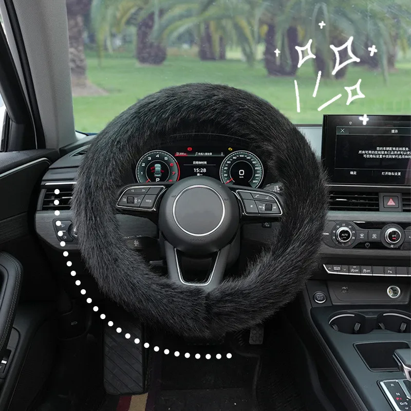 Universal 38cm Black white Pink Soft Warm Plush Steering Wheel Cover For Winter Steering Wheel Interior Parts