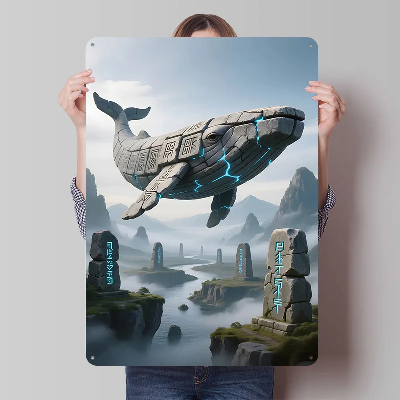 Stone Whale Over Mystical Landscape Printed Poster Customized Retro Wall Art Vintage Metal Tin Signs for Home Office Decoration