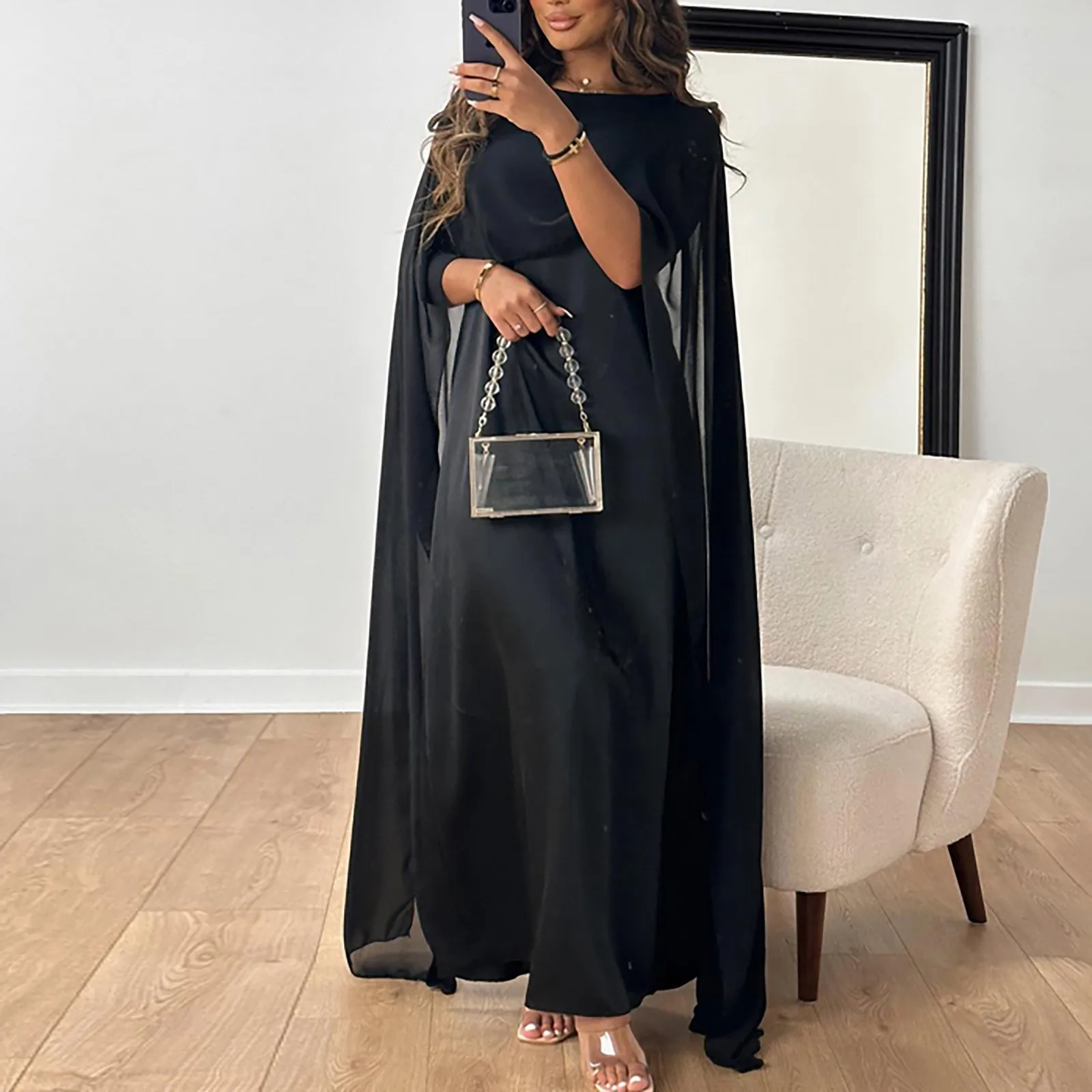 New Elegant Women Big Hem Long Dress Casual O Neck Solid Color Chiffon Loose Dress Muslim Ladies Shawl Sleeve Evening Dress Robe