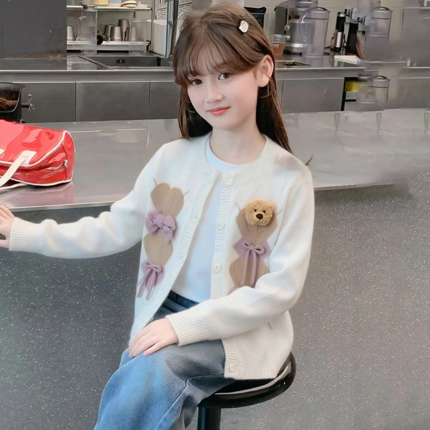 2026 autumn winter teenager girl knitted cardigan fashion chic kid love 3D cartoon bear sweater coat 14 children clothes jacket