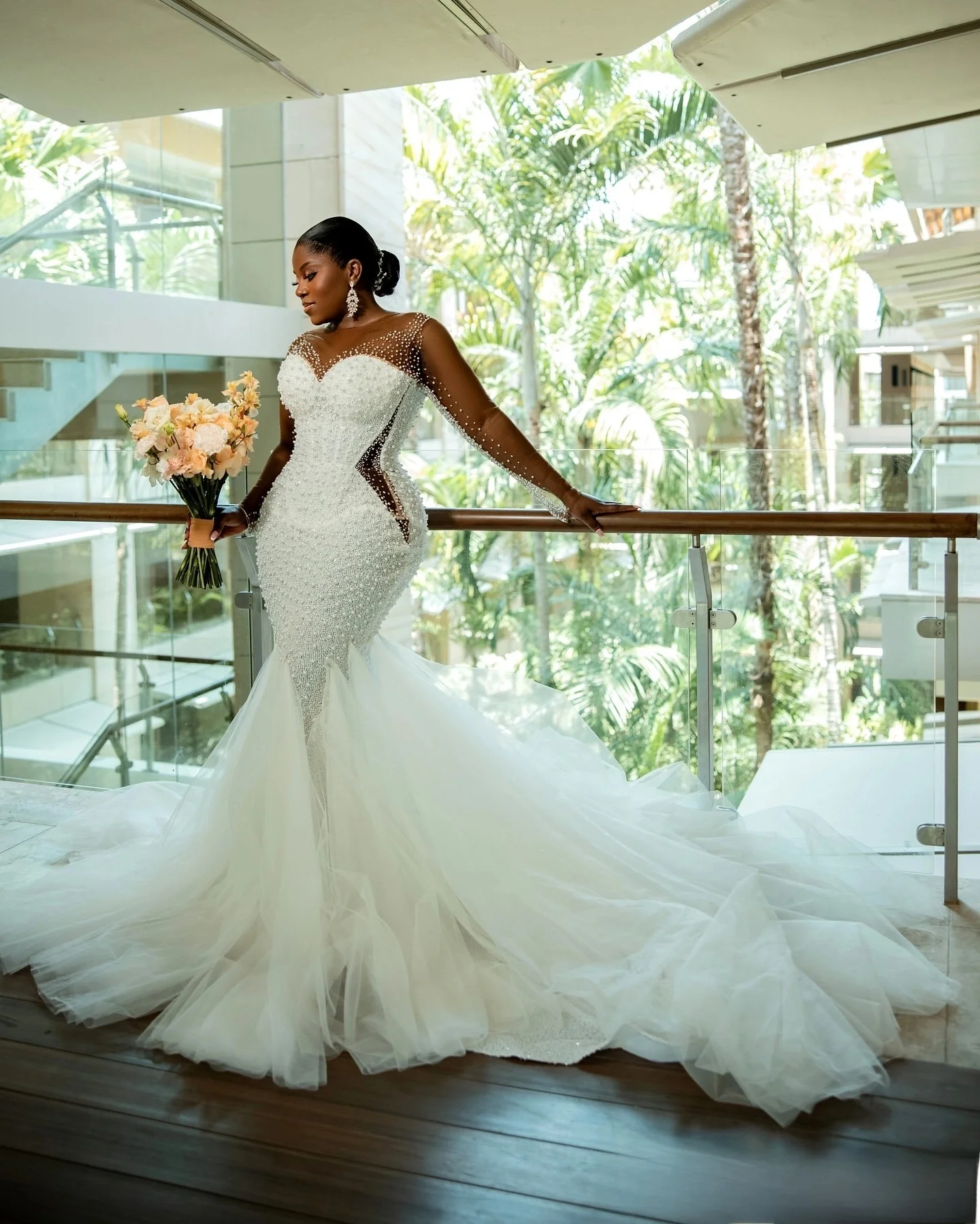 Customized Sheer Neck Africa Sparkly Beads Pearls Garden  Wedding Dress Robe De Mariée  Full Sleeves Stunning    Bridal Gown